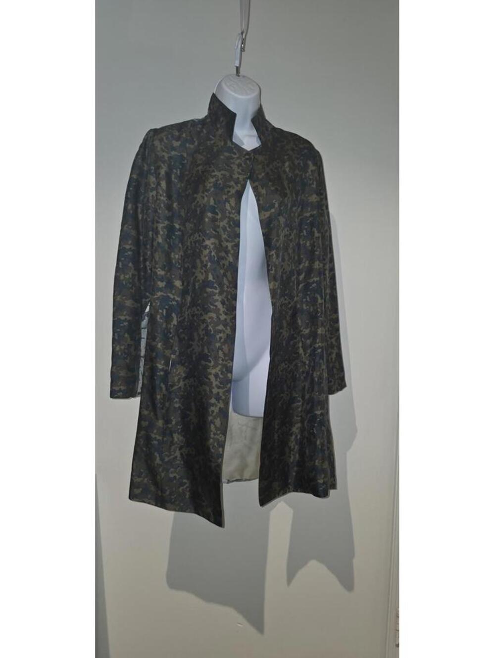 LA PRESTIC OUISTON Femme Camouflage Print Open Front Trench Coat Green